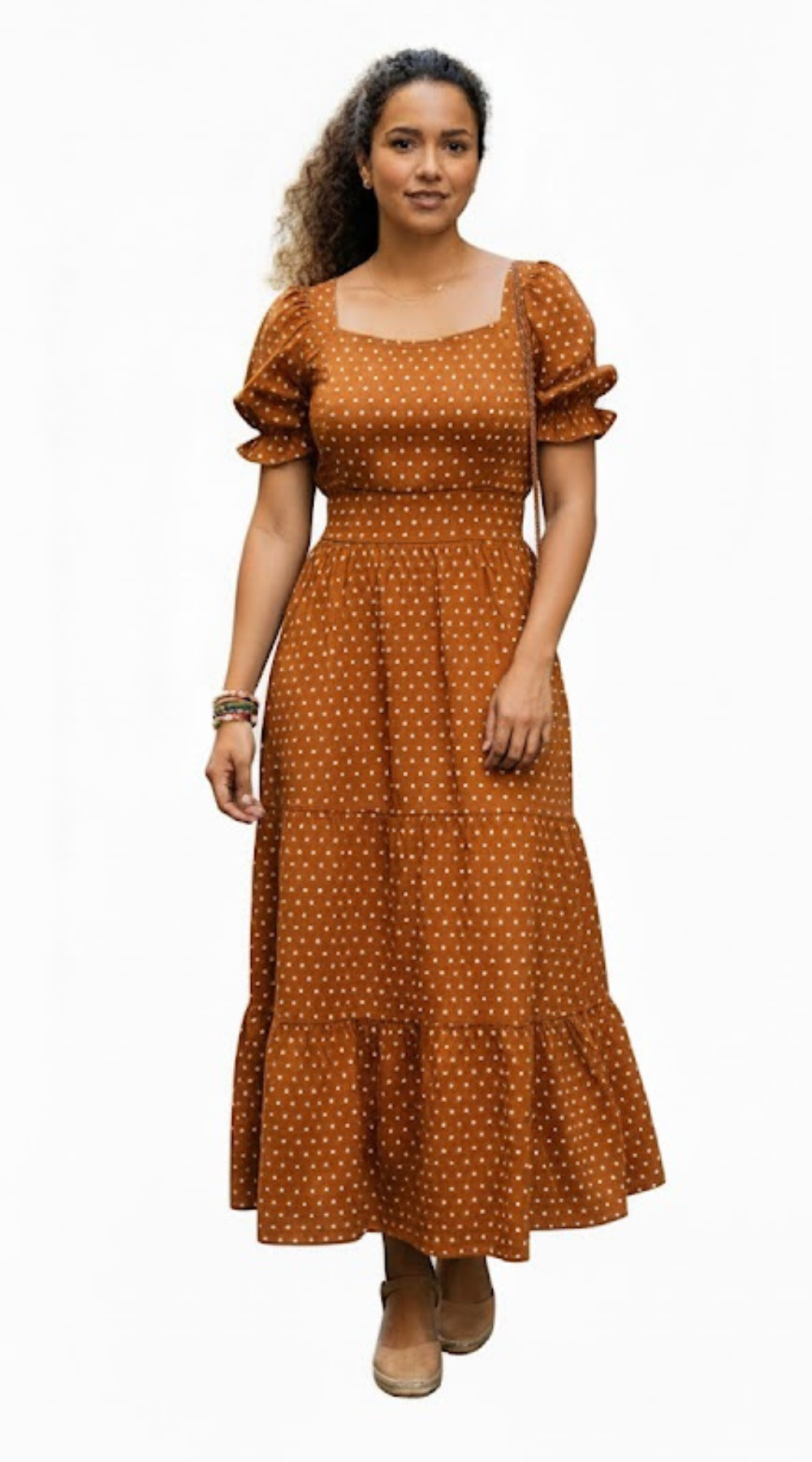Brown Polka Dot Puff Sleeve Maxi Dress for Women