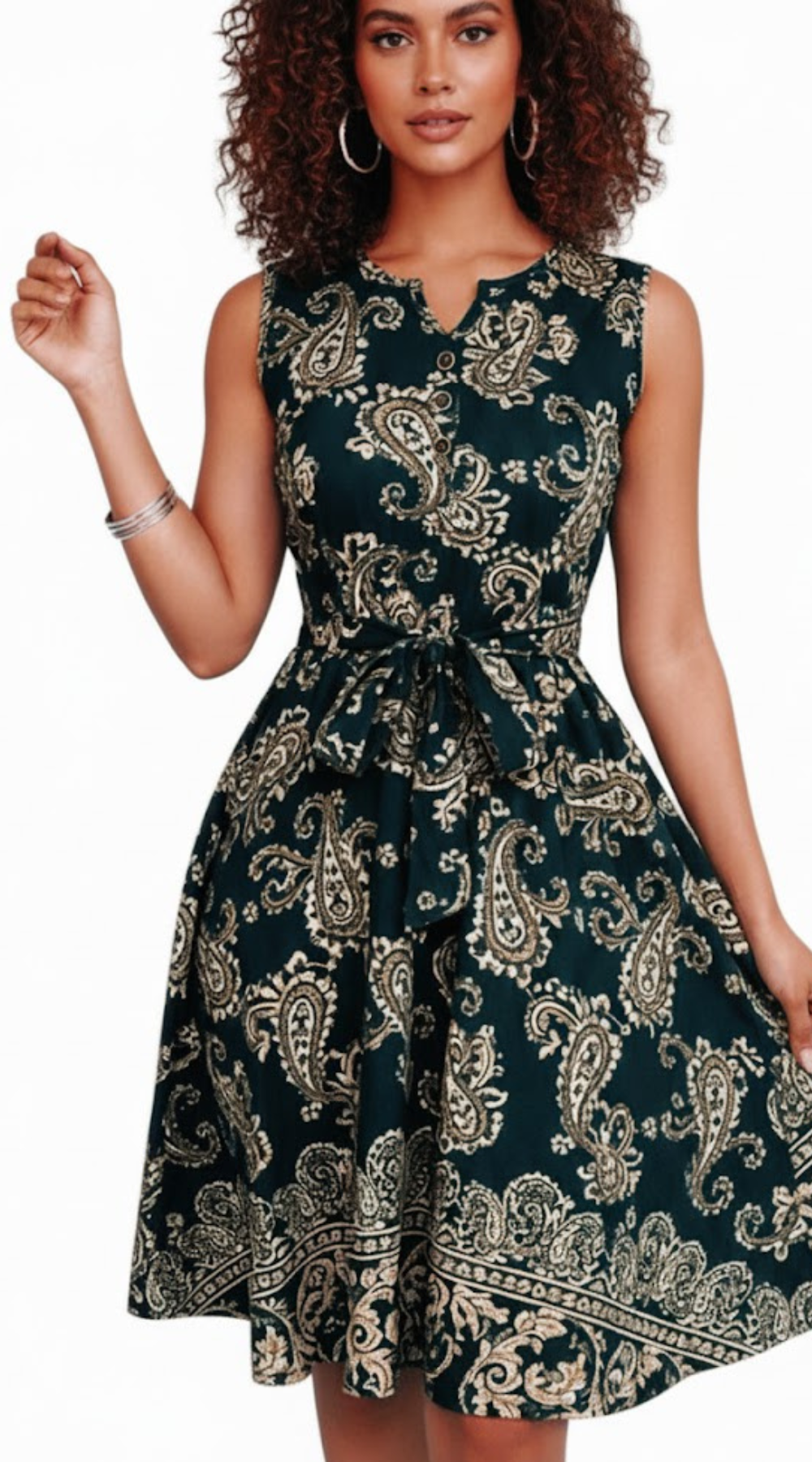 Sleeveless Paisley Print Belted A-Line Dress for Women